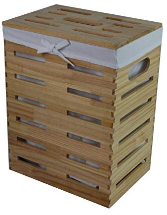 DVier Wäschekorb Echtholz Massivholz Kiefer beige Bezug Deckel (35x25 H.46)