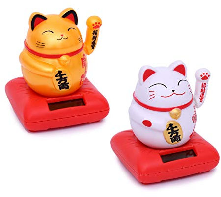 Set di 2 Gatti Che Salutano - Maneki-Neko Gatto Porta-Fortuna Che si Muove - Statuetta da Ufficio - Oggetti Simpatici - Idea Regalo Addio Collega (Set di 2 Solar)