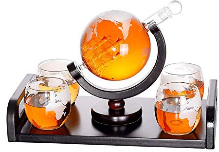Ensemble De Carafe À Whisky, Monde Gravé Globe Carafe Bateau Antique Verres Bar, Distributeur De Spiritueux Scotch Bourbon Vodka Rhum Vin Tequila Brandy