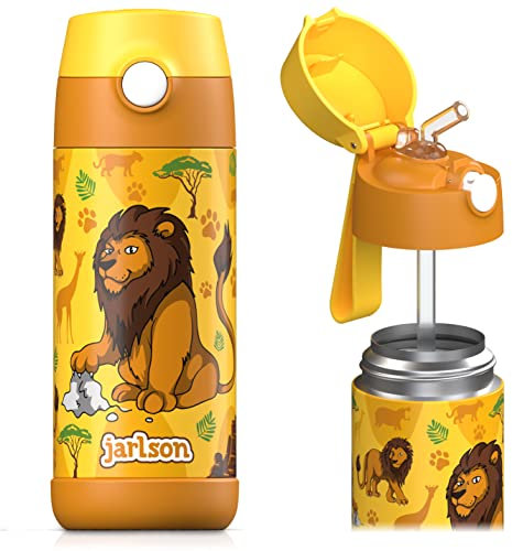 Jarlson® Trinkflasche Kinder Edelstahl Charli [MIT STROHHALM] - Thermosflasche Auslaufsicher - Thermoskanne - Water Bottle Kids - Thermo Trink Flasche für Schule & Kindergarten (350ml, Löwe 2)
