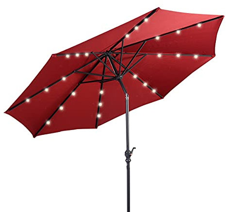 RELAX4LIFE Parasol Lumineux Inclinable avec Éclairage Solaire sur Baleines, Toile Ultra Épaisse Mât en Acier Inoxydable pour Balcon, Terrasse, Rouge/Beige/Marron (Ø300CM, Rouge)