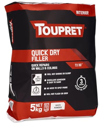 Toupret Quick Dry Filler - One‑Coat Interior Powder Filler, No Shrink or Slump, Ready to Paint in 3 Hours - Easy Mix & Sand - Smooth White Wall & Ceiling Repair - 5kg