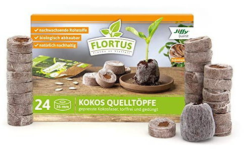 FLORTUS – Kokos Quelltöpfe aus Anzuchterde mit Nährstoffen – 24 Stück Kokos Quelltabletten torffrei & biologisch abbaubar – Quelltabs aus Kokoserde gepresst zur Pflanzen Anzucht von Samen & Setzlingen