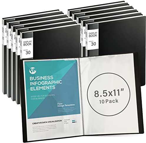 10 Pieces Portfolio Folder Binder with Plastic Sleeves 8.5 x 11,30 Pocket Presentation Book with Sheet Protectors Book Binder for Artwork Document(Black)