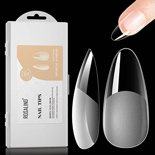 Nägel Tips für Gelnägel, ROSALIND Mandel Nageltips Full Cover Soft Gel Falsche Nail Tips 264PCS Almond Medium No-File Acryl Nagelspitzen Mandelform Pre-Buff Künstliche Fake Nagel mit Box,12 Größen