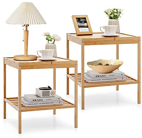 COSTWAY 2er Set Nachttisch aus Bambus, 2-stufiger Beistelltisch mit Ablage, Sofatisch, Nachtschrank Nachtkonsole für Wohnzimmer, Schlafzimmer, 40 x 40 x 45 cm