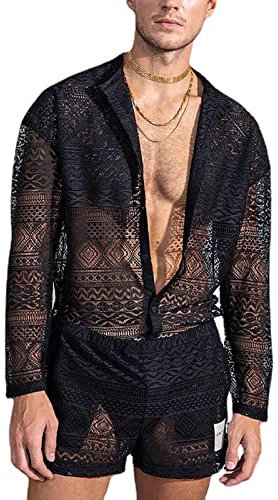 Transparent Spitze Hawaii Hemd Männer Sommer Kurzarm Blumenmuster Freizeithemd Shorts Set Unterhemd Erotik Netz Hemd Slim Fit Freizeithemd Unterhemd Langarm Shirt sexy Mesh Top Clubwear