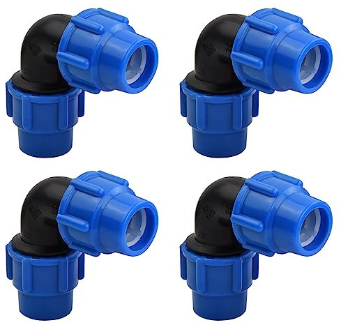 4 Pezzi Raccordo a 90 gradi a Compressione, Raccordi per tubo dell’aqua a Gomito PP PN16, Connettori per Tubi PE80 PE100, per Sistemi di Approvvigionamento Idrico e Irrigazione 25 mm x 25mm