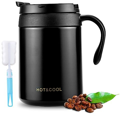 Insulated Coffee Mug with Handle and Lid, 500ML Double Wall Stainless Steel Thermal Mug for Cold & Hot Drinks with Cup Brush, Vacuum Insulated Coffee Mugs Cup for Home, Office, Camping (Black)