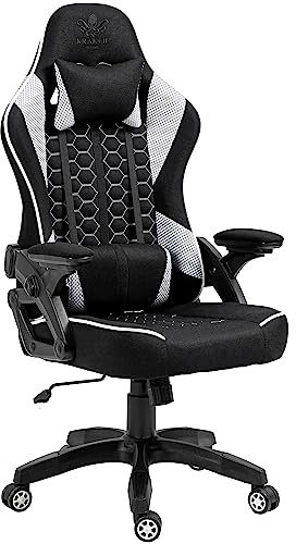 KRAKEN CHAIRS Gaming Stuhl Stoff Ergonomisch - Weiss Gamer Stuhl Mit Lendenkissen, Kopfkissen und 2D Armlehnen, Bürostuhl Mit Wippfunktion, 120° Rückenlehne, 130 kg Belastbarkeit