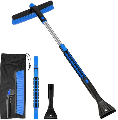 COFIT 2 en 1 Cepillo de Nieve y Rascador Hielo Coche con Telescopico Mango, Extensible Rasqueta Parabrisas, Herramienta Quitar Arañazos para Autocaravanas Camion SUV Exterior Limpieza Accesorios, Azul