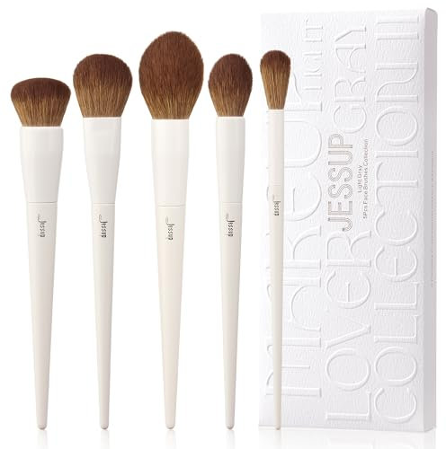 Jessup Pinselset Makeup 5-teilig - Gesichtspinsel, Foundation, Rouge, Bronzer, Kontur, Highlighter, Flauschiger Puderpinsel - Hellgrau T493