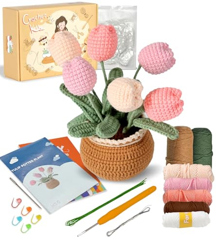 Ktmeor Häkel-kit für Anfänger, Häkel-Set für Absolute Neulinge mit Schritt-für-Schritt-Videoanleitungen, Häkelstarter-Set mit 40% extra Übungsgarn-Tulpe