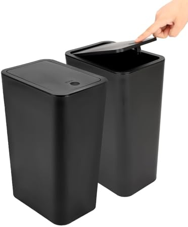 2-Pack Bathroom Bin with Lid, Bedroom Bin with Slim Push-Button Design | Dog-Proof Plastic Kitchen Bin,Trash Can for Toilet, Office and Living Room Black