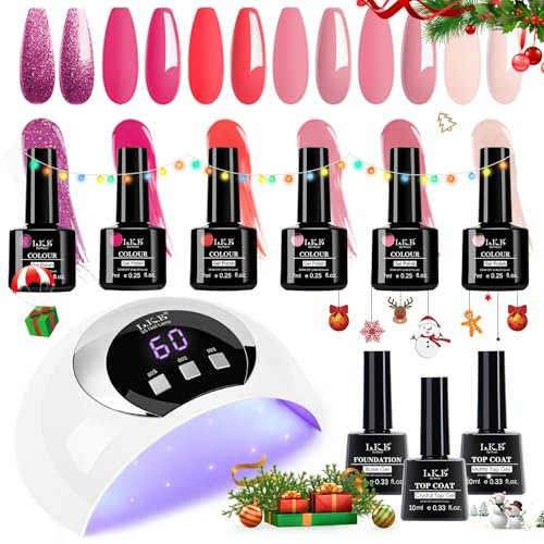 Gel Nail Kit 6 Colors Gels Nails Polishes Set with 54W UV Lamp for Gel Nails, Glossy & Matte Top and Base Coat, Pink Red Gray White Polish Set with Lamp Starter Kit for Nail Art DIY at Home