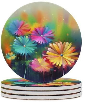 Bunte Blumen-Untersetzer, saugfähig, Keramik-Stein, Getränkeuntersetzer mit Halter, Keramik-Untersetzer mit Korkboden, 10,2 cm, Tischschutzmatte für Heimdekoration, Küche, Bar