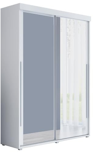 Meble Slupia Kleiderschrank Schiebetüren Slim 2-200 x 202 x 46 cm - Schrank Schlafzimmer, Vorraum, Garderobe - Tür mit Zwei Spiegeln, Kleiderstange - Holzwerkstoff, Silberner Griff, Weiß