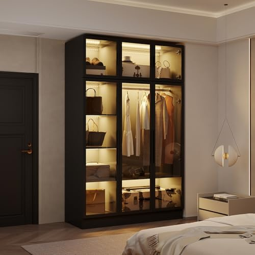 Caldion Kleiderschrank 190cm mit 3 LED-Beleuchtung Glasschrank mit Kleiderstange Aufbewahrungsschrank aus Hartglas Glasvitrine mit 6 Türen 8 Ablagen Türrahmen aus Eisen Schwarz 120x48x190cm