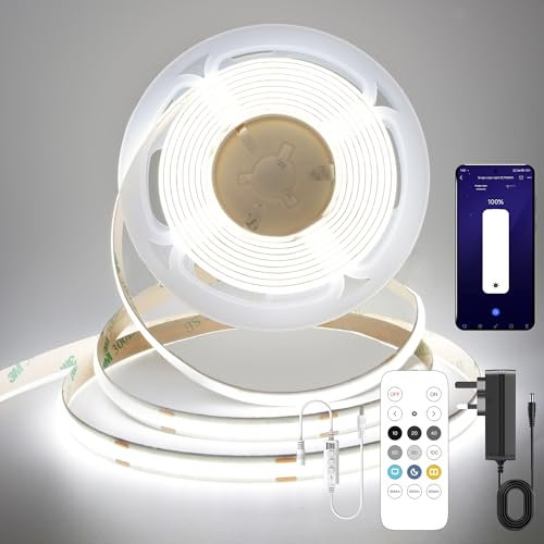 FUIQI COB LED Strip 5M,Dimmable Dotless LED Strip Lights with Smart App and Remote,24V Cool White 6000K with Power Supply,8mm Wide,CRI>90 LED Lights for Indoor Room,Kitchen,cabinets,Mirrors