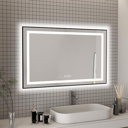 furduzz Badrumsspegel LED-spegel med svart ram, 1 000 x 600 mm, väggmonterad sminkspegel med fram- och bakgrundsbelysning, minnesfunktion, dimbar, dimfri (horisontell/vertikal)