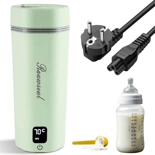 Rauwseul Pequeño Hervidor de Viaje 350ml, 300W, 45-100°C Regulable, Verde | Interior Acero Inox 304, One-Touch, Antiseco, Enchufe 220-240V, para Oficina Hotel Camper Residencia