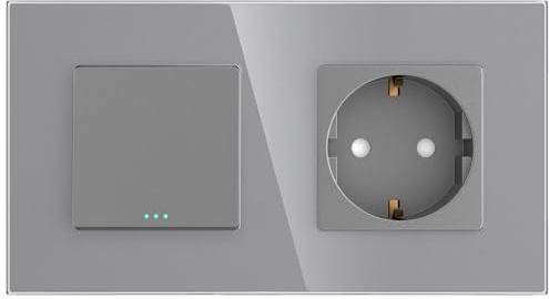 PULSAR Wechselschalter/Steckdose Unterputz Glas Grau 2Fach Wechselschaltung | Wechselschalter mit Steckdose Unterputz Glas Grau 2-Fach, Lichtschalter Wechsel Schalter 10A mit Wandsteckdose 16A