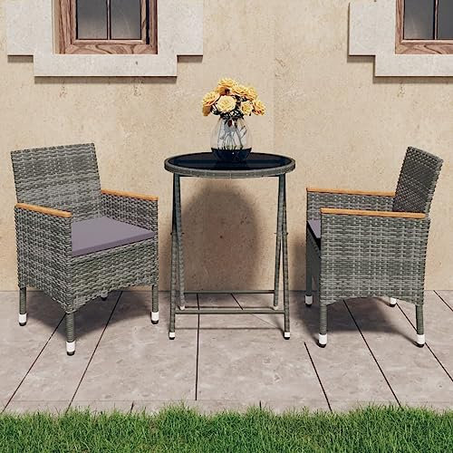 KTHLBRH 3-TLG. Bistro-Set Poly Rattan und Hartglas Grau Terrassenmöbel-Sets Balkonmöbel-Sets Outdoor-Möbel-Sets Gartenmöbel-Sets für Terrasse, Garten, Balkon