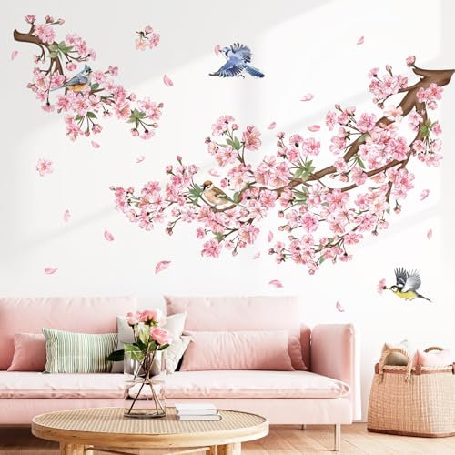 decalmile Wandtattoo Kirschblüte Baum Ast Wandaufkleber Blüten Rosa Zweig Vögel auf Ast Wandsticker Wohnzimmer Schlafzimmer Büros Wanddeko