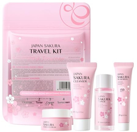 Vitamin C Skincare Set, 5 In 1 Skincare Gift Set with Cleanser, Toner, Serum, Eye Cream & Face Cream, Facial Care Kit for Teen Girls, Travel Size Skincare for Women Teen Girls (Sakura, Mini-4Pcs)
