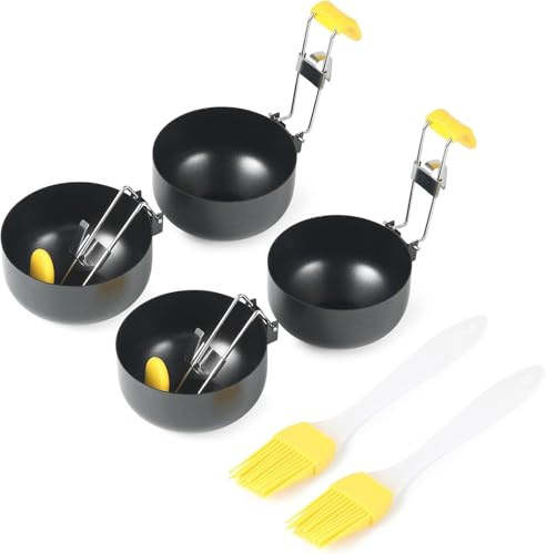FHISKUNYU, 4 Stück, pochierte Eier Form, Eier Pochierer, Egg Poacher, Edelstahl Eierkocher, faltbarer Eierkocher mit Aufhängeöse, Antihaft-Dampfgarer für Eier, ideal für Hobbyköche (schwarz)