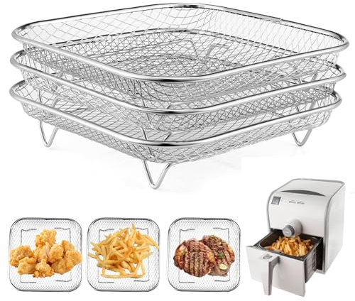 Square Air Fryer Rack Compatible with 6-8 QT Air Fryer,3pcs Stackable Stainless Steel Dehydrator Rack, Square Air Fryer Accessories for Cosori, Instant Vortex, Chefman Airfryer, Ninja Foodi Grill