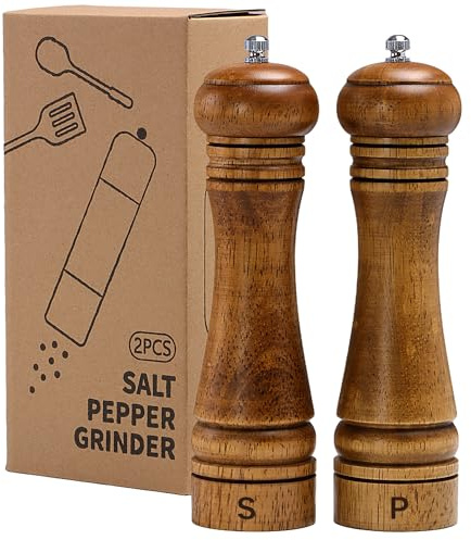 Pfeffermühle aus Holz – 8 Zoll Gewürzmühle mit verstellbarem Keramik-Mahlwerk, Salz- und Pfeffermühlen Set, nachfüllbar, für Küche & Tisch, stilvolles Geschenk (2 PCS)