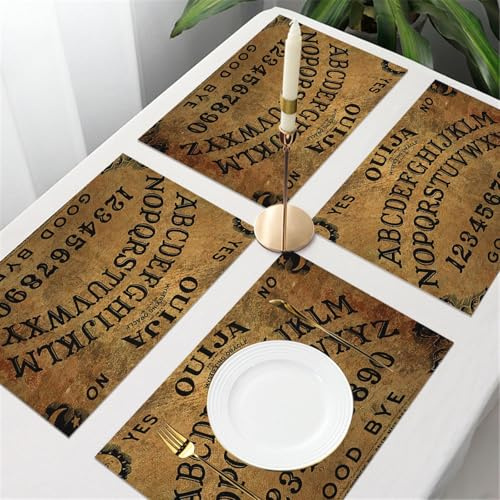 UREJD Lot de 4 Sets de Table,Tissé Lavable Napperons pour Cuisine ou pour Table à Manger Résiste à la Chaleur,Planchette de Ouija sur Texture Bois. Affiche avec Jeu de fantômes. Jeu d'Hallowe,30x45cm