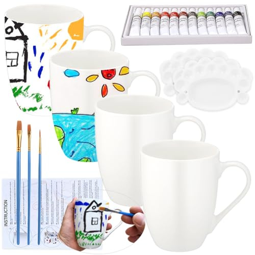 LOZACHE DIY Keramik Tassen Bemalen Set – 4 Tassen zum Selbstgestalten | Mit 12 Farben, Pinseln & Zubehör – Personalisierbares Bastelset für Erwachsene – DIY Kreatives Geschenk zum Bemalen