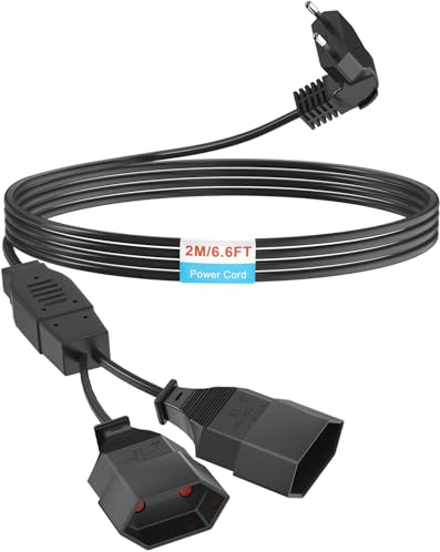 Verlängerungskabel 2-Fach Eurostecker, Euro Verlängerung 2M Netzkabel, 2-in-1 Stromkabel Dreifach Typ-C-Stecker, 0,75 mm² Max.2,5A/250V für TV PC Computer Monitor Beamer Lampe, Schwarz