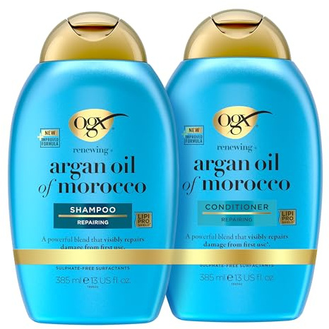 OGX Argan Oil of Morocco Shampoo & Conditioner (385 ml), regenerierend mit Arganöl, repariert Haarschäden sichtbar nach der ersten Anwendung, ideal für trockenes und geschädigtes Haar