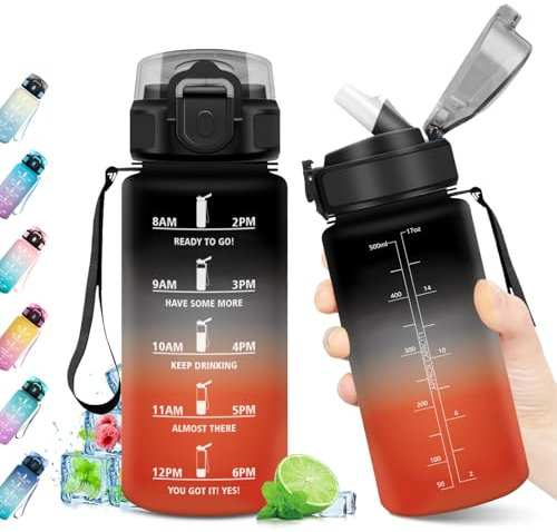 Borraccia 500ml, Borraccia con Cannuccia, Bottiglia Riutilizzabile, Borraccia Sportiva con Marcatori Temporali, Bottiglia senza BPA, A Prova di Perdite, Borraccia Sport per Bambini, Scuola, Ufficio