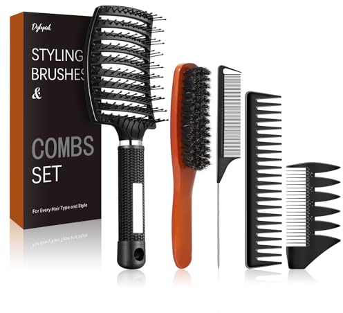 Beard Brush and Mens Hair Brush Set,Boar Bristle Beard Brush,Curved Vent Hair Brush,Wide Tooth Comb,Tail Comb,Texture Combs for Hair Styling & Beard Care