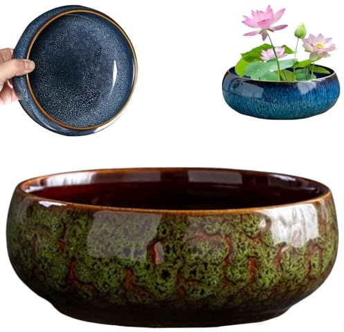 Lotuss Bowlss - Fioriera in ceramica per coltura idroponica da interni, per piantare in acqua all'interno, elegante fioriera smaltata a forma di fiore di loto (verde)