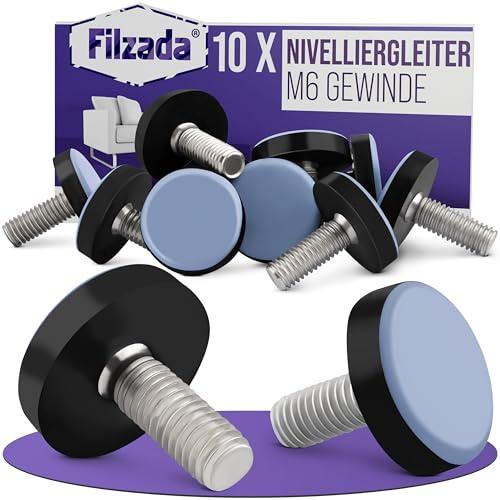 Filzada® 10x PTFE Stellfüße M6 - Nivellierfüße - Möbelfüße mit Gewinde | Teflongleiter zum Schrauben höhenverstellbar - Stuhlgleiter - PTFE-Gleiter mit Gewinde unebene Böden - feuchtigkeitsresistent