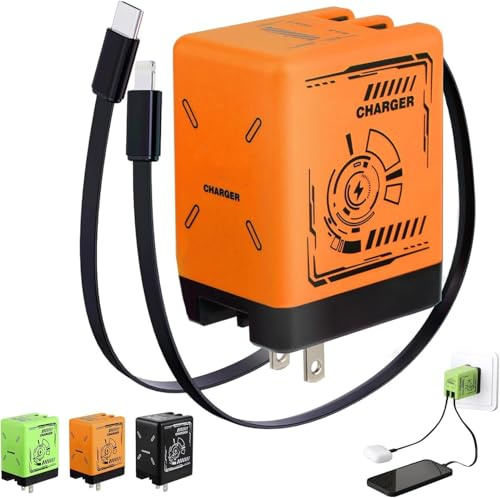 2-in-1 Compatible with Fast Charger, Charger Fast Charging, Retractable Phone Chargers Wall Plug with Lightning and Type-C Cables, Foldable Chargers for iPhone&Most Android (Orange)