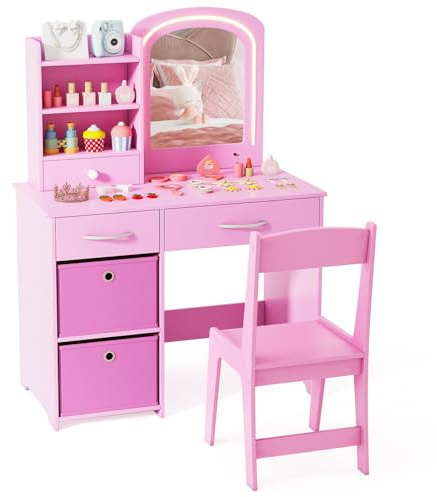 LIFEZEAL Specchiera Trucco Bambina, Specchio con Luci a 2 Colori, Toeletta Trucco Bambina, con Sedia, Postazione, con Cassetti e Scaffali, Tavolo per Bimbi 3 Anni + (rosa)
