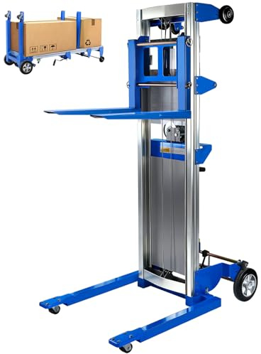 Material Lift Winch Stacker, 123'' Manual Material Lifts, Heavy Duty Pallet Truck Dolly with Adjustable Fork,6 Wheels, Adjustable Straddle Hand Winch Lift Trucks for Warehouse, Factory, Load 410 Lbs