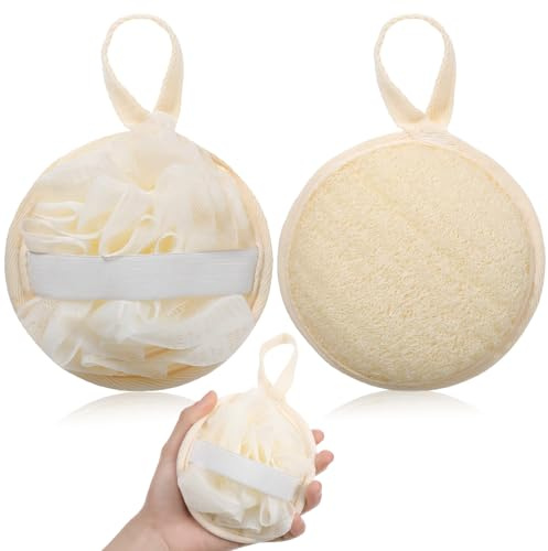 Nogeqi 2 stycken naturliga luffasvampar 12,5 cm Loofah Peeling svamp med upphängning naturlig svamp rund för kvinnor och män kroppsskrubb