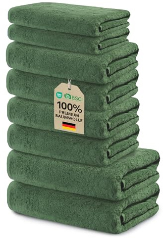 Ôhm Handtuch-Set 8-teilig Baumwolle Tannengrün | Komplette Lösung fürs Badezimmer oder als fertiges Geschenk, ohne einzelne Teile zusammenzusuchen
