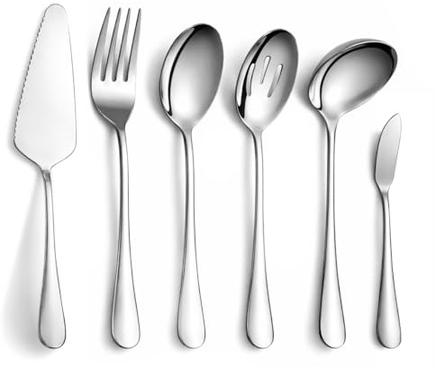 Homquen 6-Piece Silver Serving Flatware Set - Stainless Steel Utensil Set, Includes Cake Server, Slotted Spoon, Serving Spoon, Meat Fork, Butter Knife, Soup Ladle