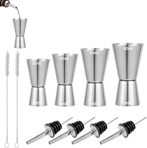 4 Piezas Jigger de Cóctel Acero Inoxidable, Vaso Medidor Doble 15/30ml, 20/40m,l 25/50ml, 30/60ml, Dosificador para Bebidas con 4 Vertedores y 2 Cepillos, Accesorios Bar para Casa, Fiestas y Cocteles