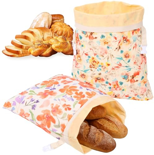 Deuson 2 stycken brödpåsar med bivax, återanvändbara brödpåsar i linne 43 x 33 cm, avtagbar, brödpåse i två lager med spänne, för hembakat bröd och bakverk, Färgglad stil 2, A