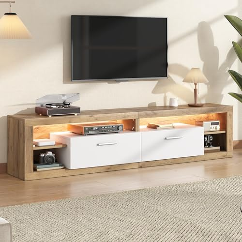 Meuble TV 180 Cm Blanc Brillant, Meuble TV LED Meuble Bas 3 Portes avec éClairage LED App, Lowboard Salon Moderne, pour TéLéViseurs Jusqu'à 80 Pouces, Banc TV De Salon pour Petits Espaces (Naturel)