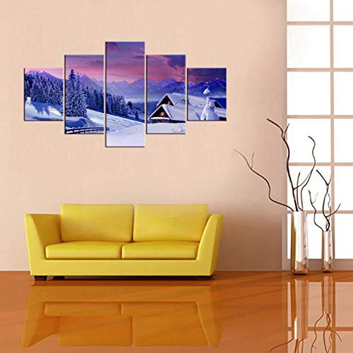 ZHYING Stampa su Tela 5 Pannelli Poster Decorazioni per La Casa Parete Moderna Inverno Neve Capanna Albero Quadri Cornice Soggiorno Pittura Stampata HD Canvas Mare Fiori Musica